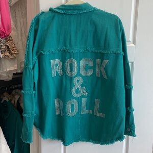 Green Denim and Rhinestone Rock & Roll Frayed Jacket new with tags